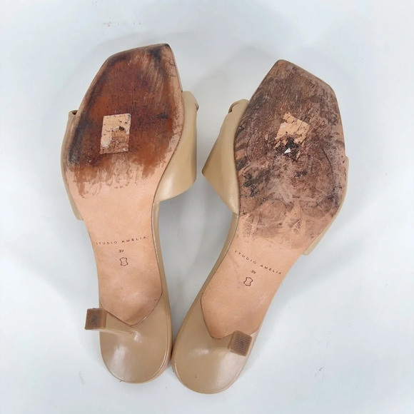 Studio Amelia Heels Twist Front Beige Puffy Neutral Leather Square Toe Size 7 - Picture 10 of 12